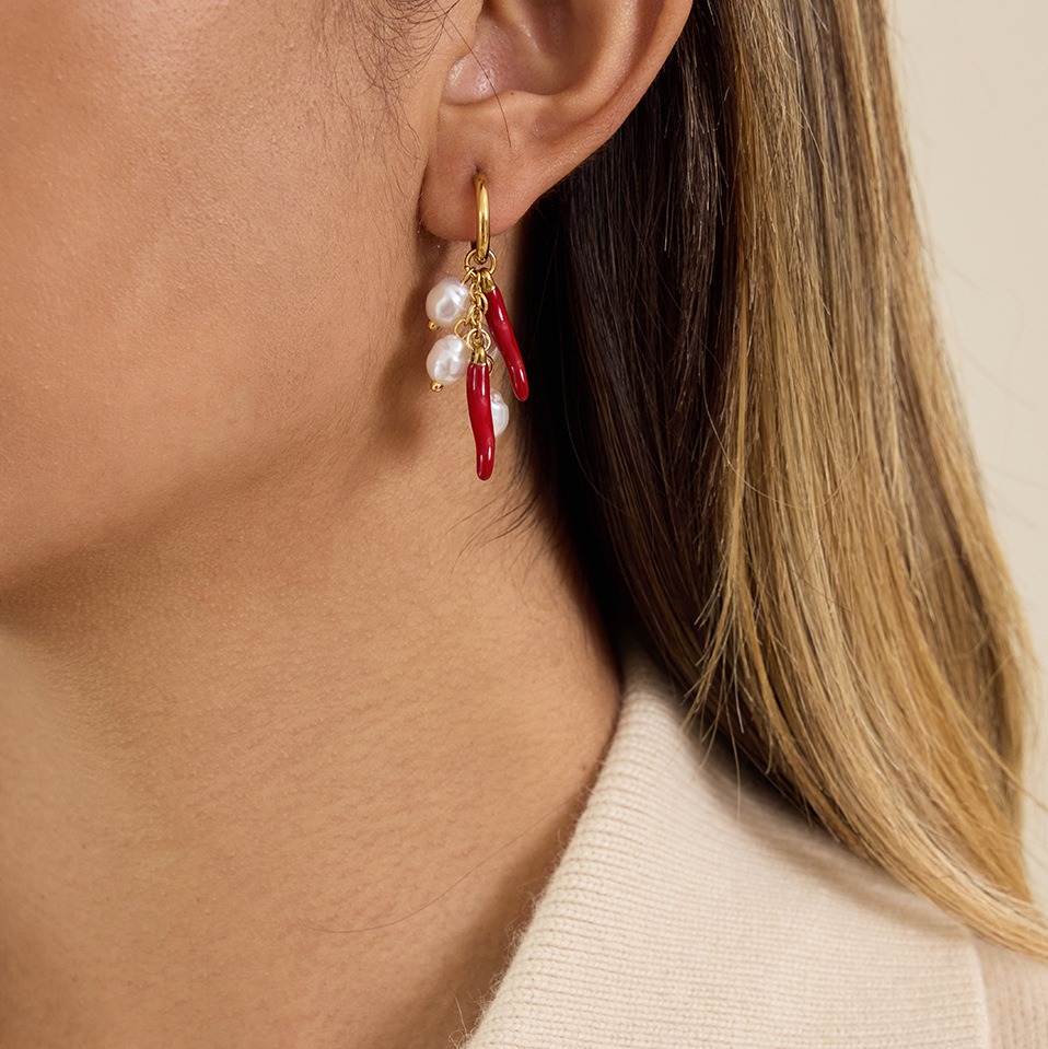 18K gold lightweight luxury and high-end chili pepper and pearl earrings - Image 2