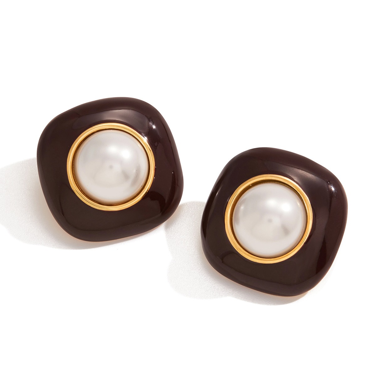 18K gold-plated titanium steel stud earrings with enamel and pearls. - Image 5