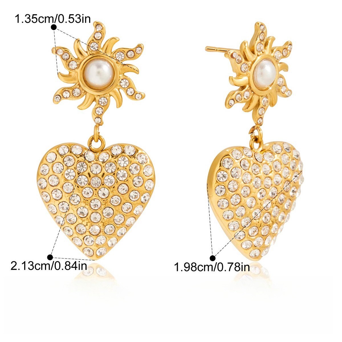 18K gold-plated, rhinestone-embellished heart-shaped pearl titanium steel stud earrings - Image 2