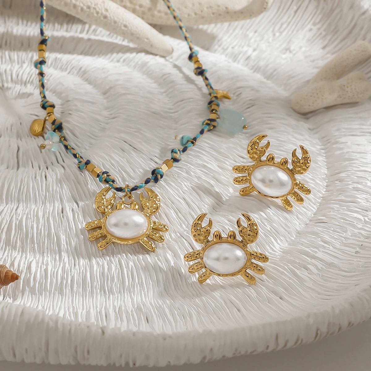 18K gold crab-shaped inlaid pearl design light luxury noble earring necklace bracelet set