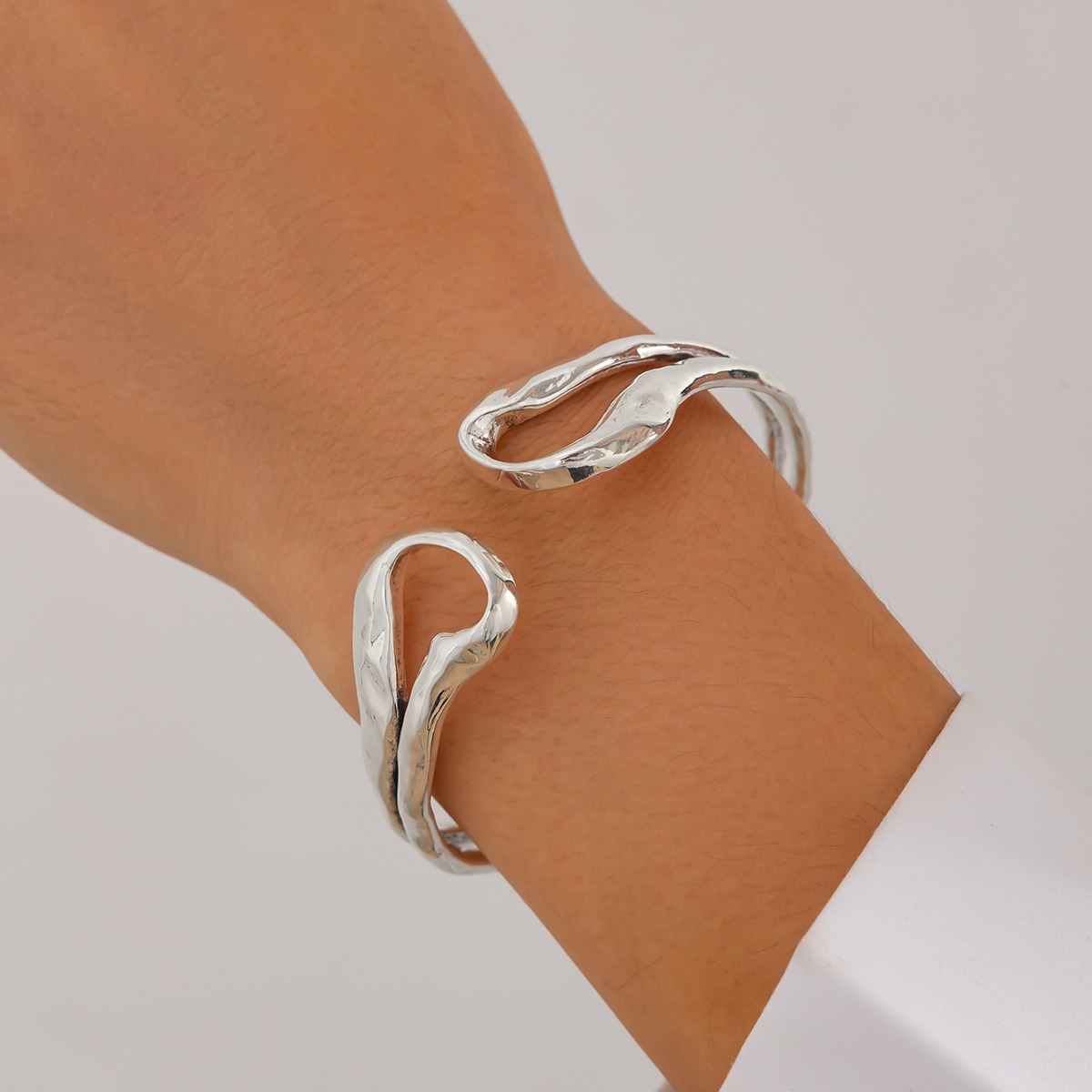 Double Ring Hollow Spring Open Bracelet Punk Style Round Bead Pendant Stacking Bracelet - Image 2