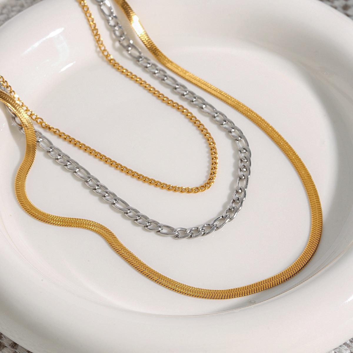 18K gold multi-layer chain with gold and silver color matching design simple personality necklace - Image 2