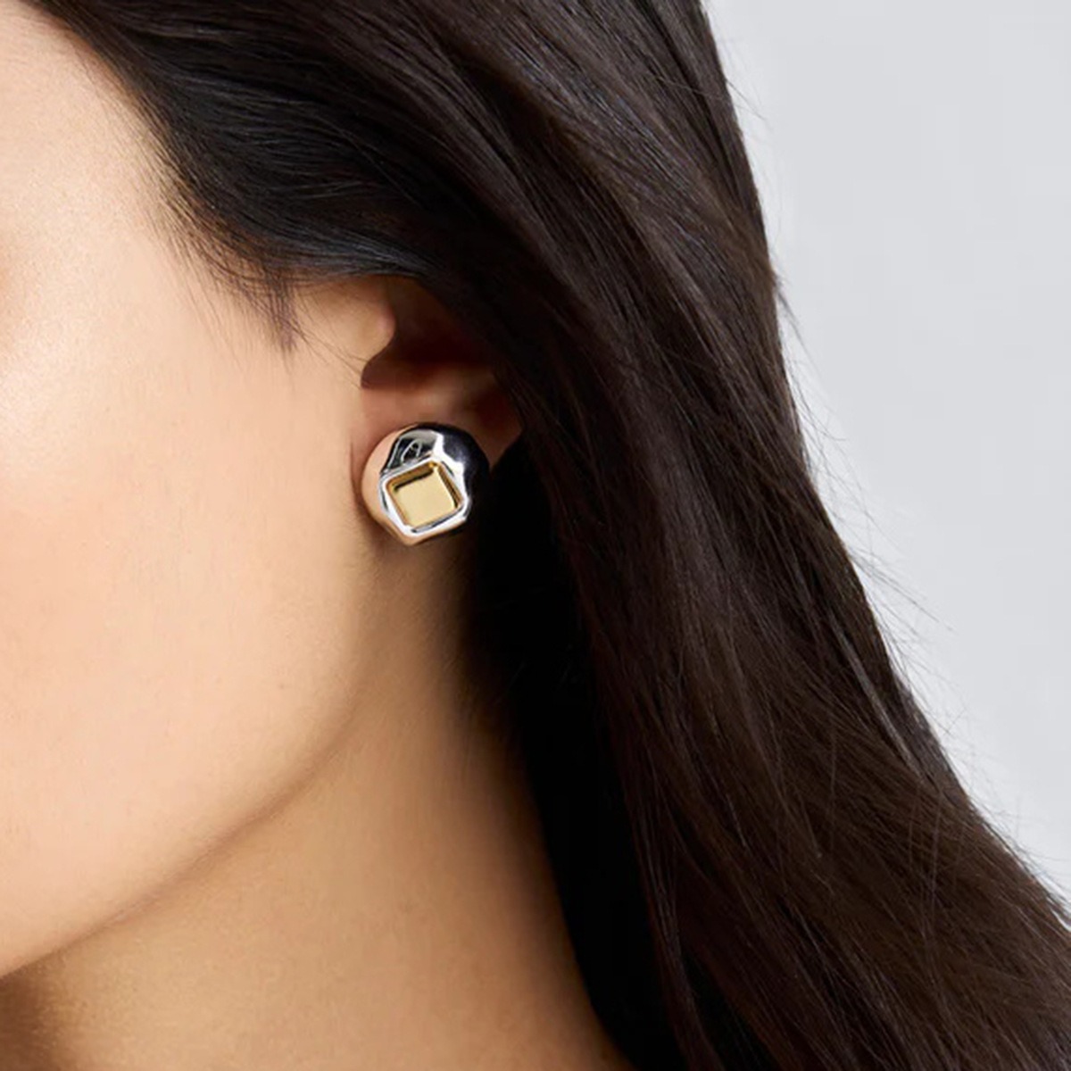 18K gold geometric inlay with gold and silver color matching design unique personality earrings - Image 2