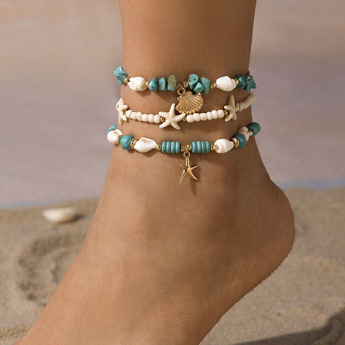 Ocean Fan Shell Rice Pearl Turquoise Anklet