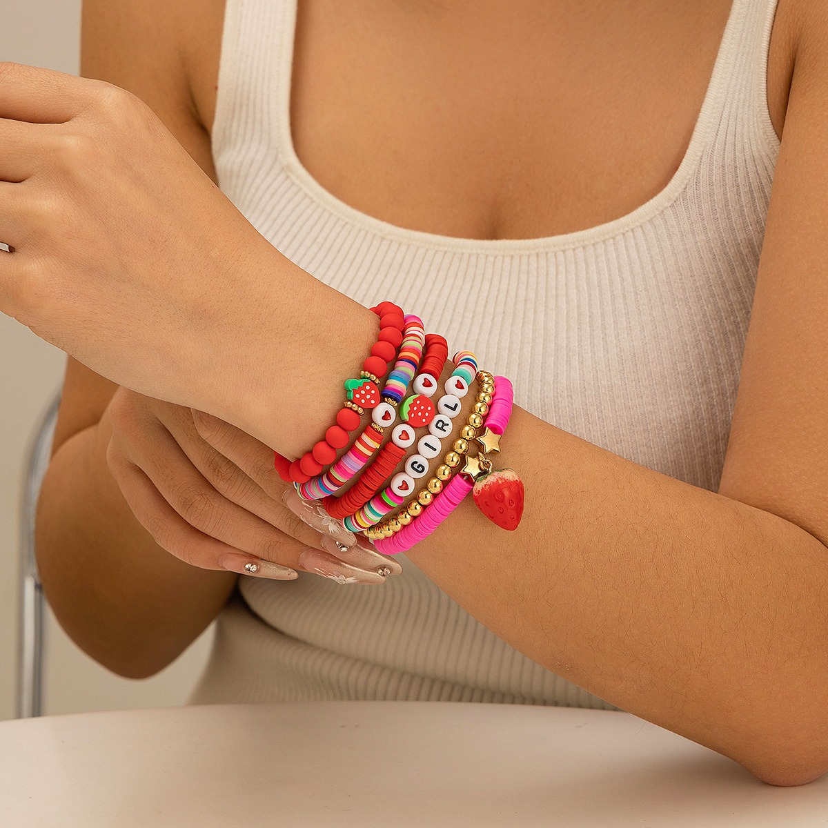 Strawberry polymer clay beaded bracelet
