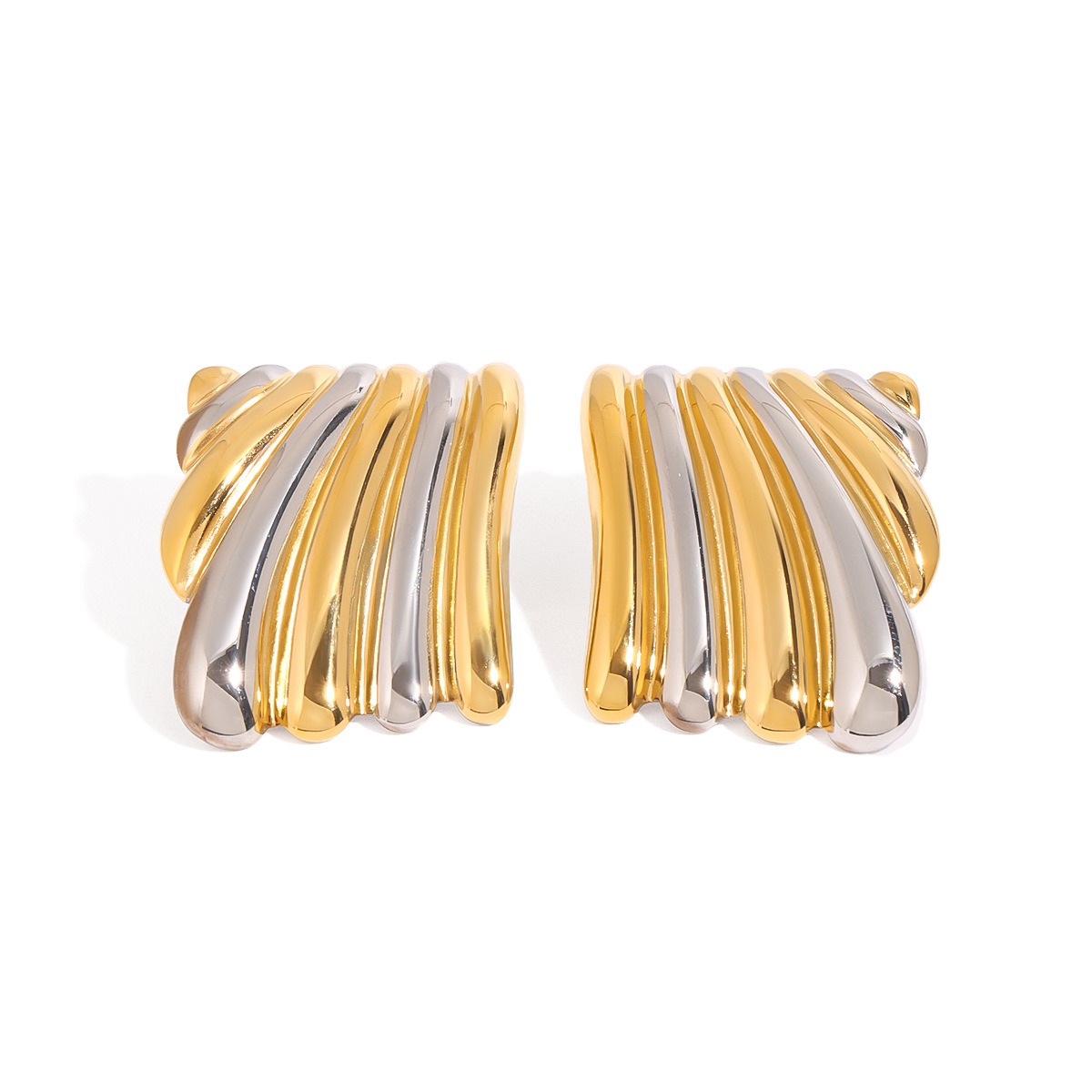 18K gold geometric shape with gold and silver color matching design classic personality earrings - Image 3