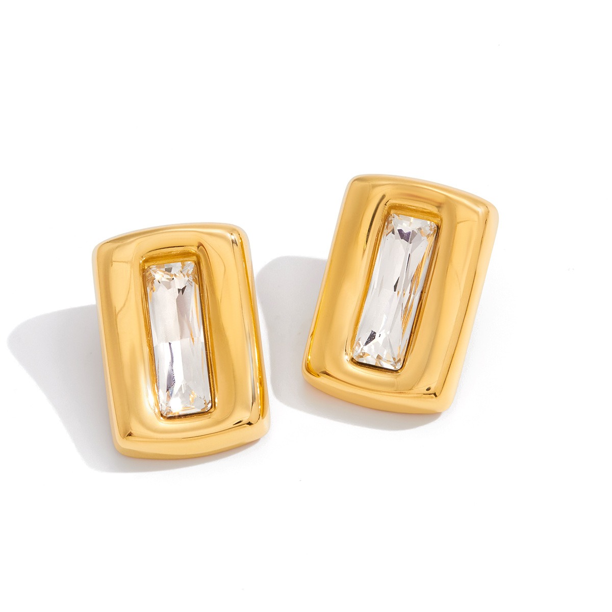 Square 18K gold-plated titanium steel stud earrings with embedded cubic zirconia. - Image 2