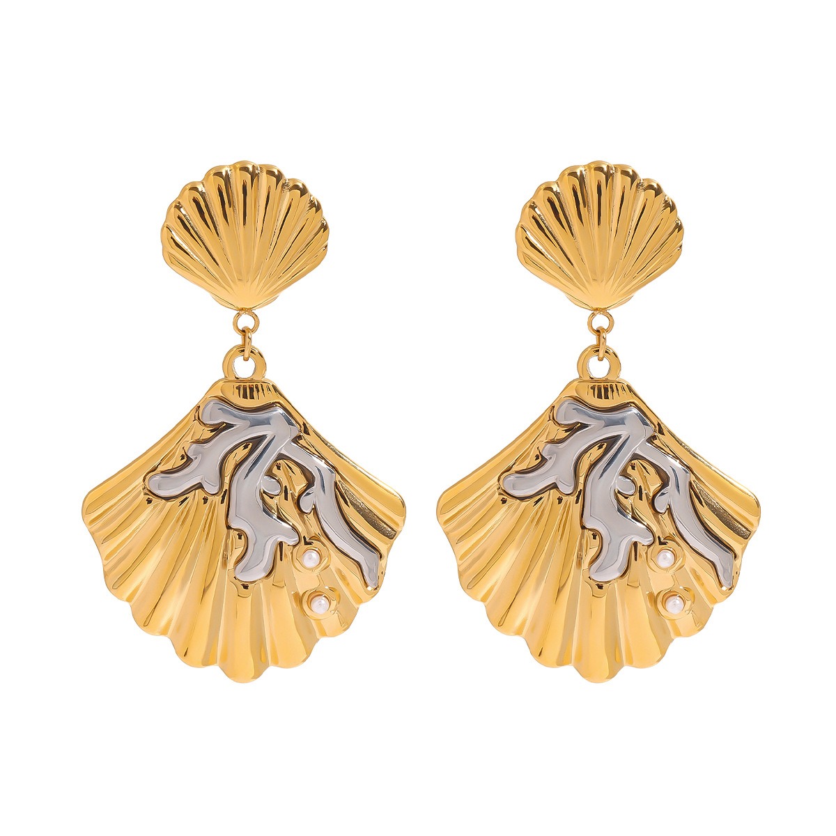 18K gold shell inlaid pearl exquisite design unique earrings - Image 2