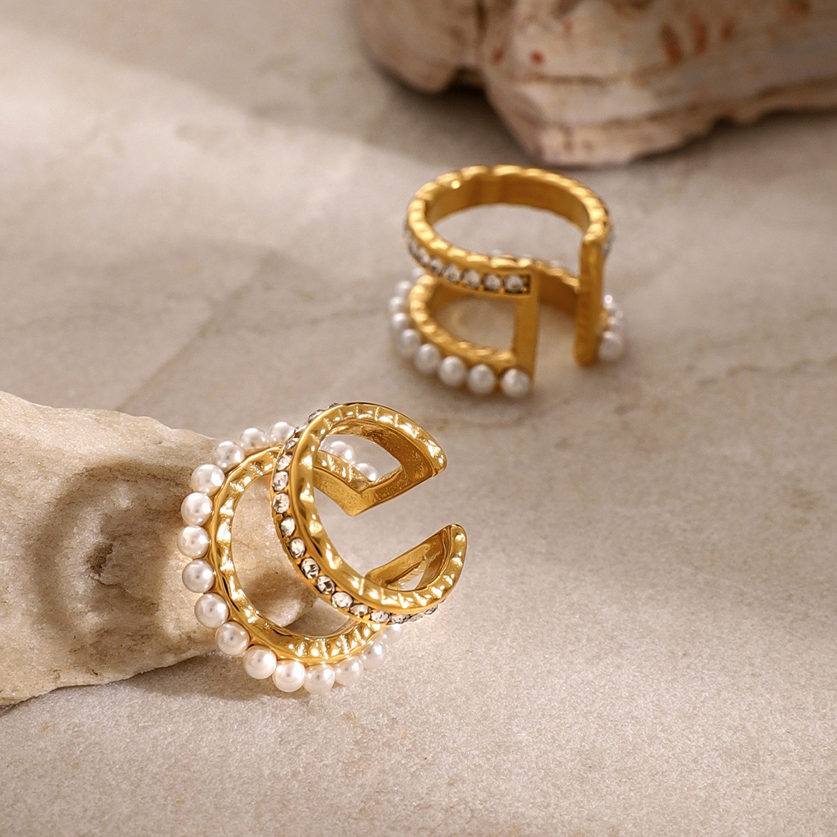 18K gold exquisite and noble double-layer inlaid pearls and diamonds design light luxury style earrings - Image 2