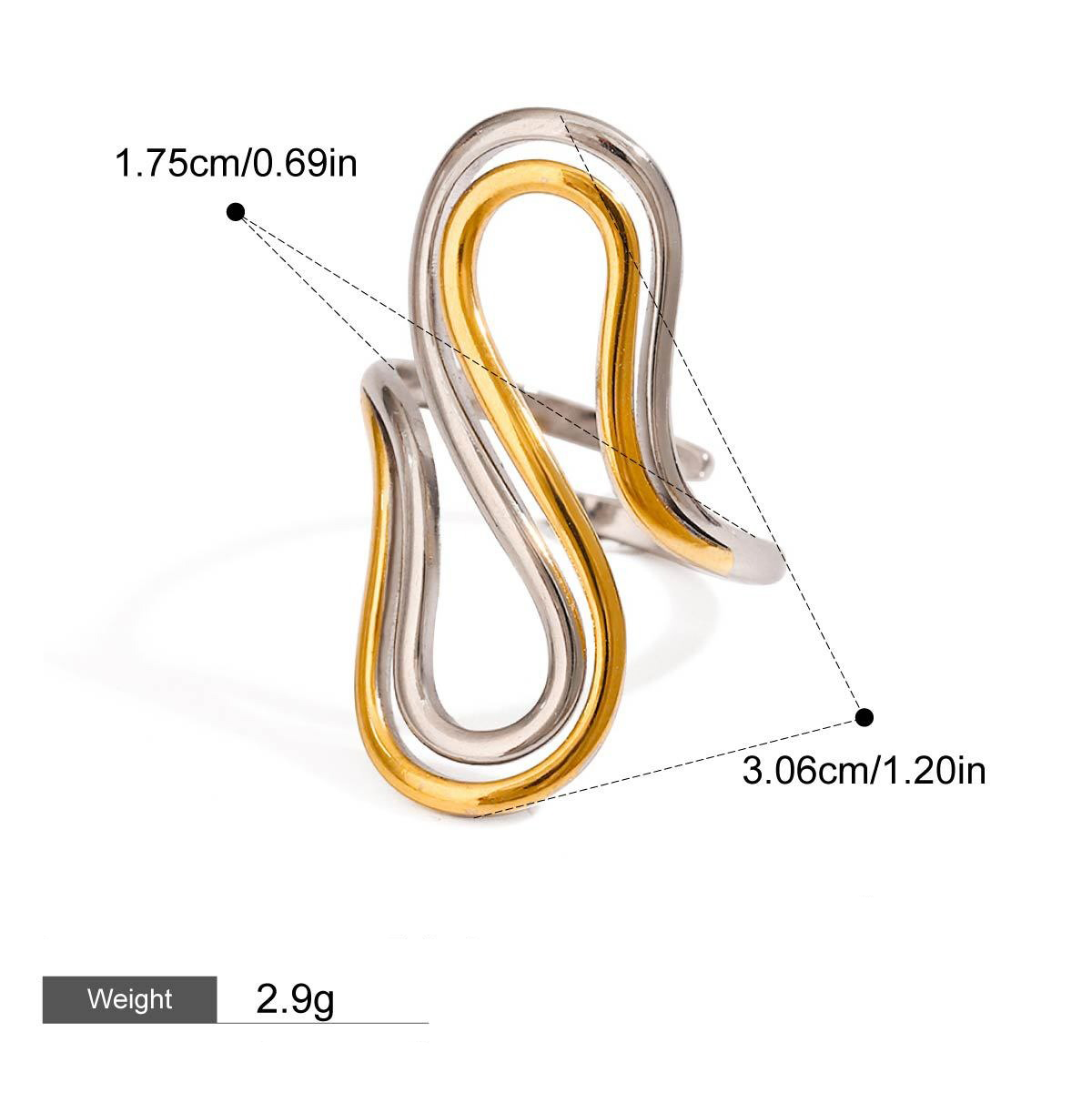 18K gold irregular lines with gold and silver color matching design unique personality ring - Image 2