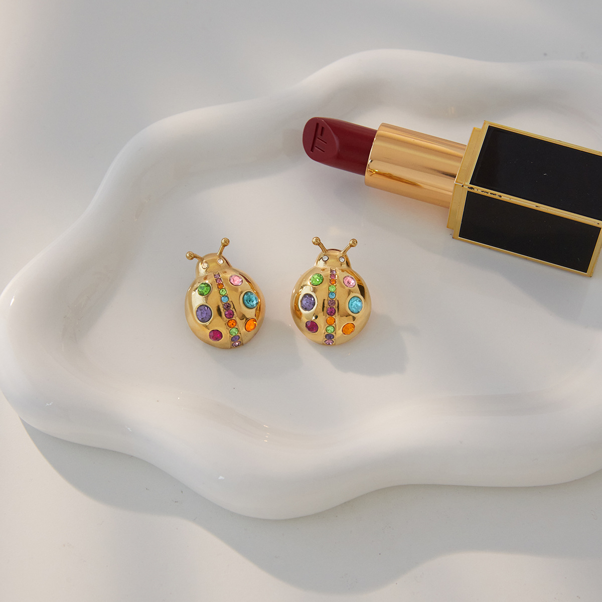 Colorful Zircon Ladybug Stud Earrings - Image 2