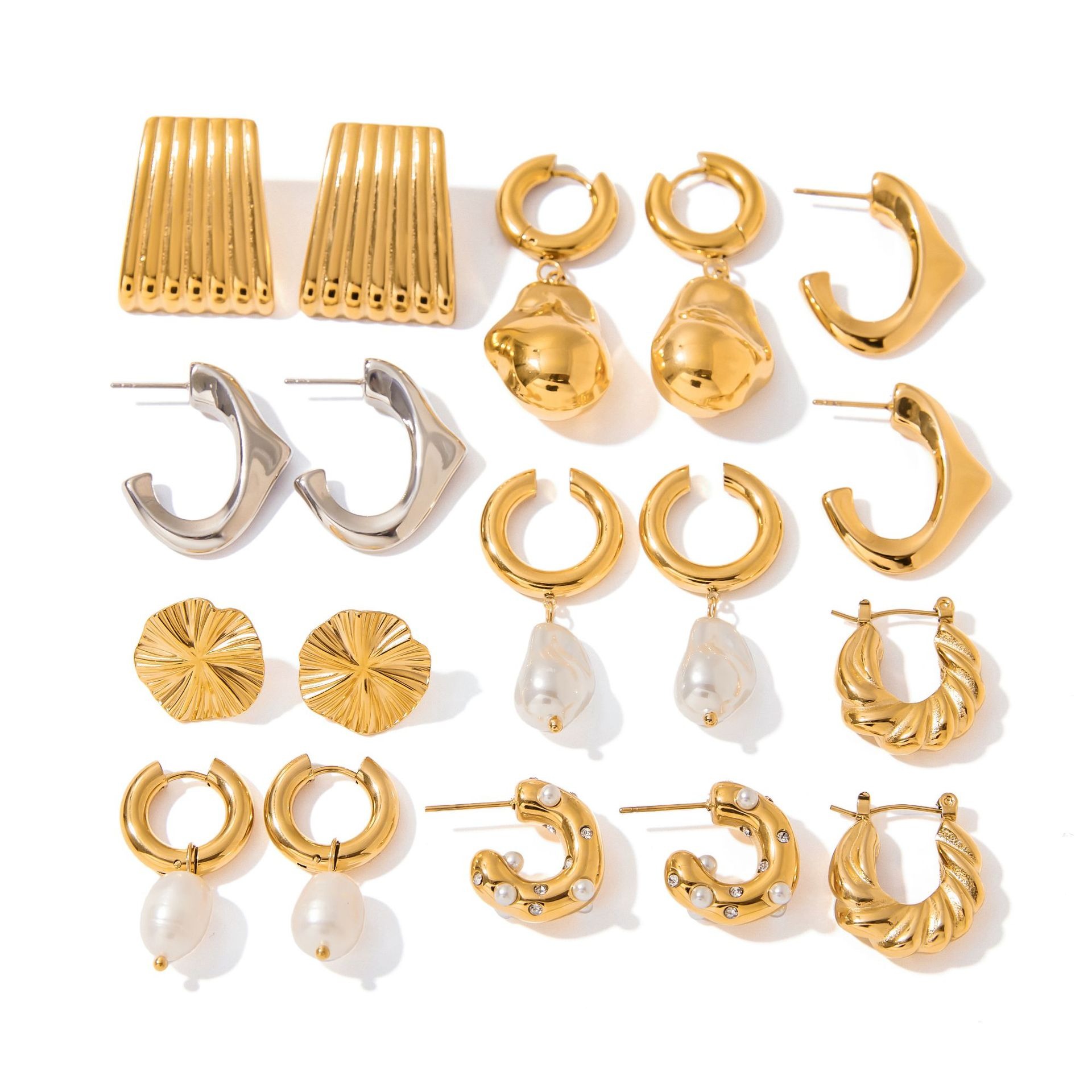 18K gold geometric inlaid pearls exquisite design noble earring necklace set - Image 6