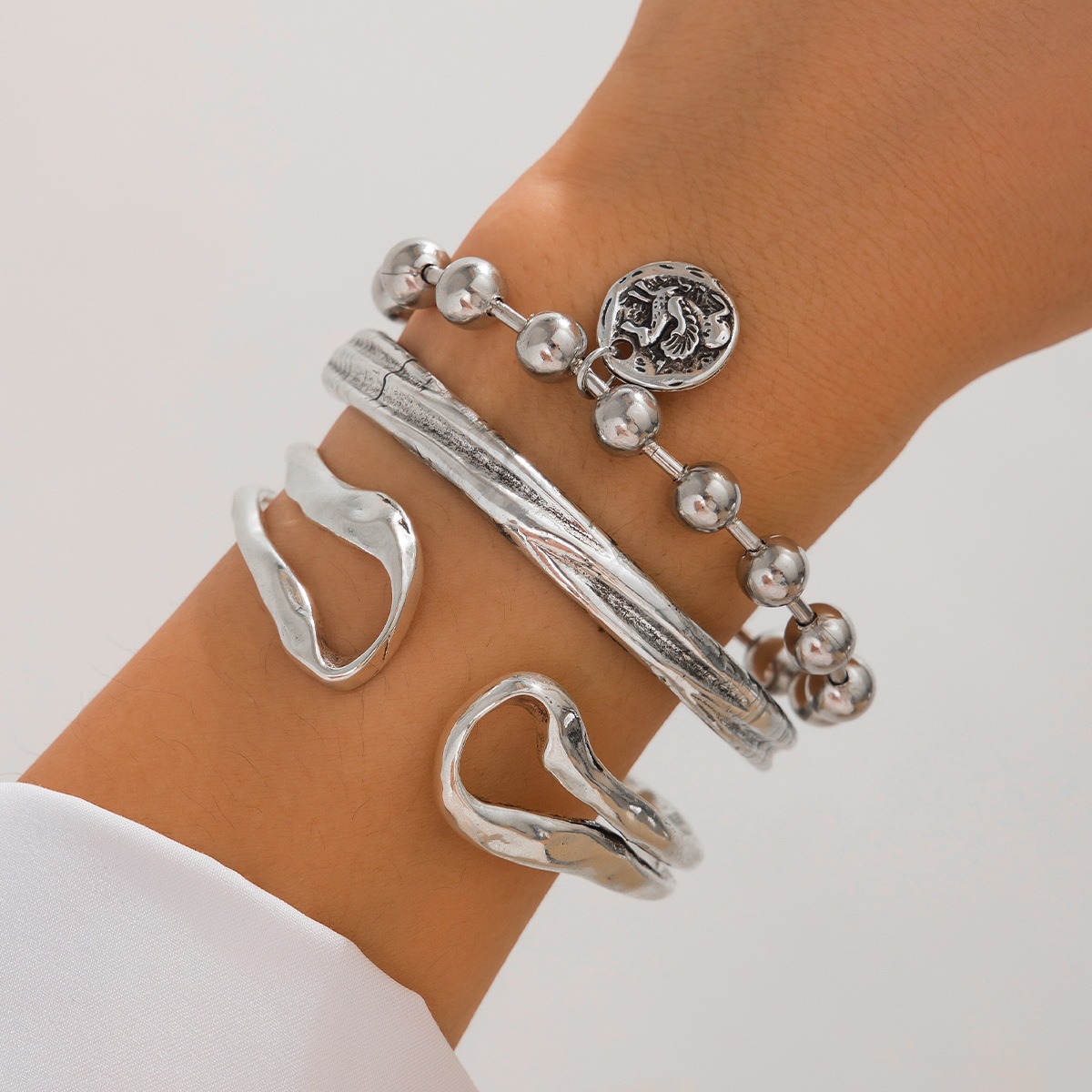 Double Ring Hollow Spring Open Bracelet Punk Style Round Bead Pendant Stacking Bracelet - Image 4