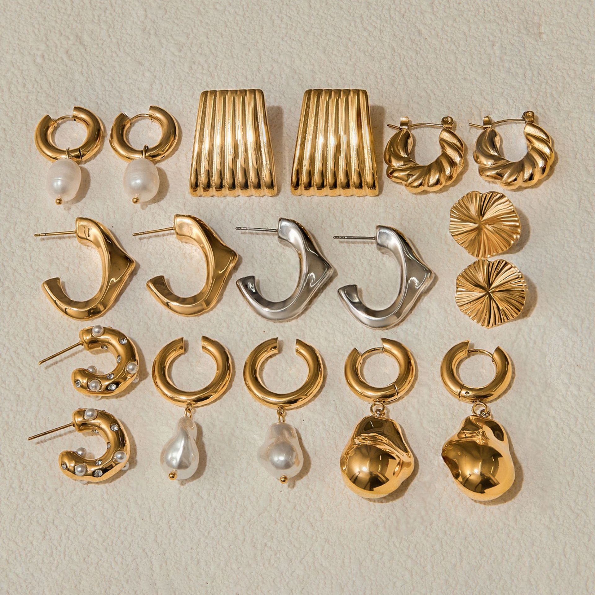 18K gold geometric inlaid pearls exquisite design noble earring necklace set