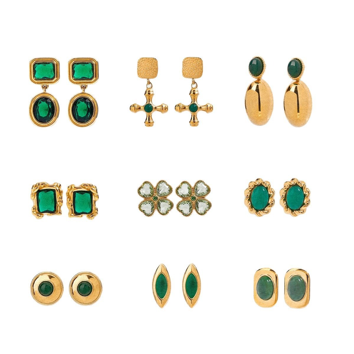 18K gold geometric/flower-shaped inlaid gemstone design light luxury noble earrings - Image 11