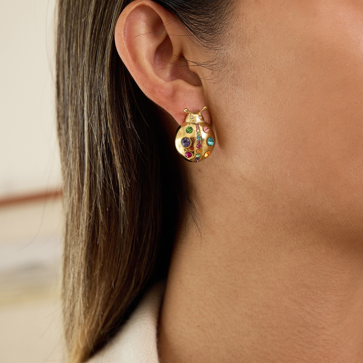 Colorful Zircon Ladybug Stud Earrings