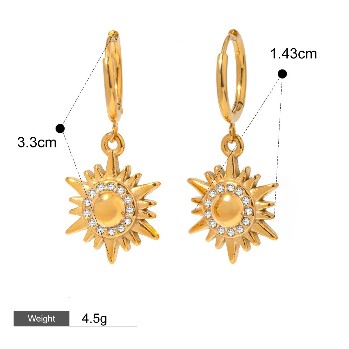 18k gold sun-shaped diamond-studded earrings with unique design - Image 3