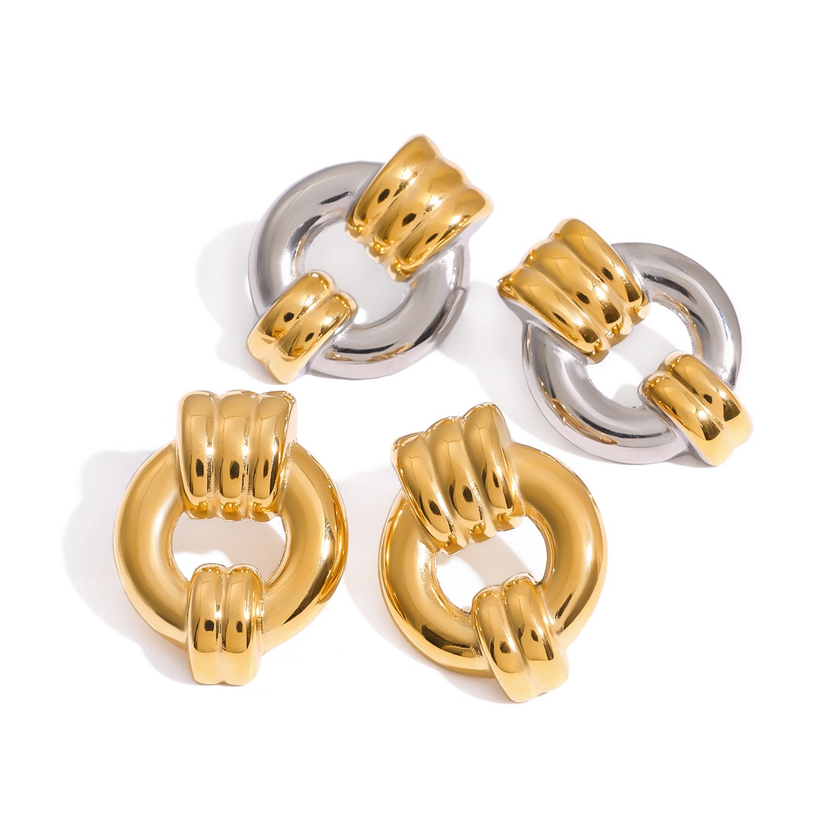 18K gold hollow round with striped design trendy personality earrings - Image 2