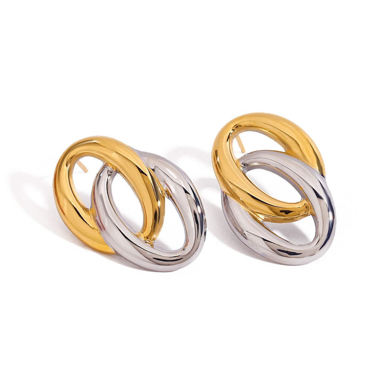 18K gold hollow oval earrings with gold and silver color matching design, simple and elegant - Image 3