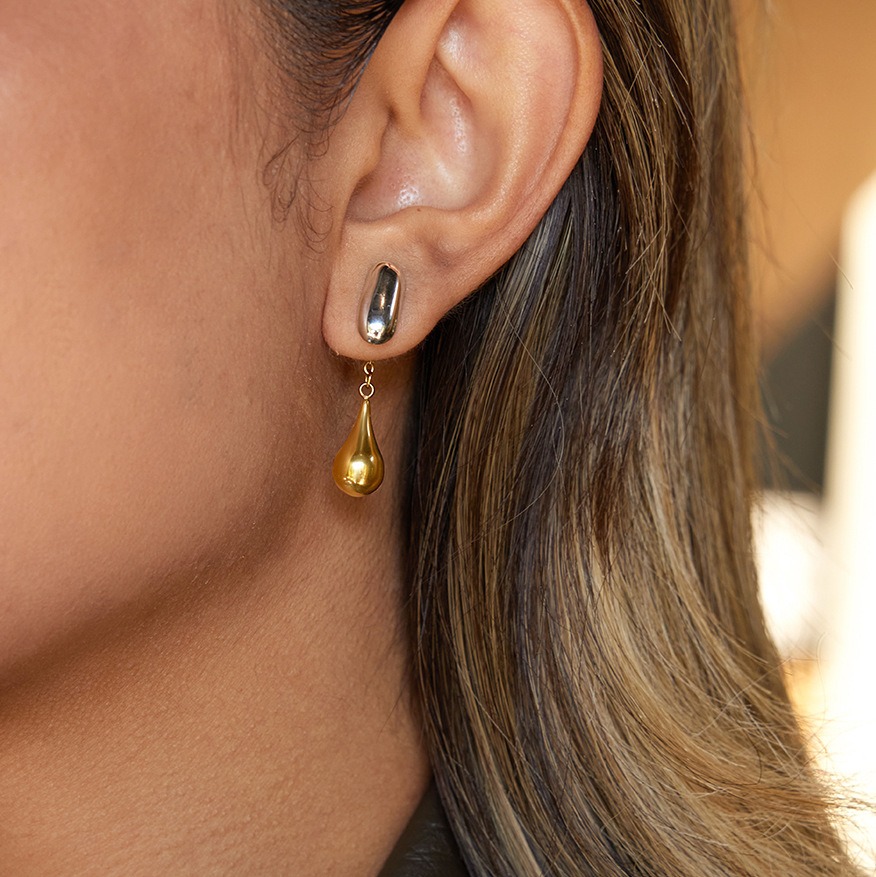 18K gold and S925 silver two-tone teardrop front and back stud earrings - Image 2
