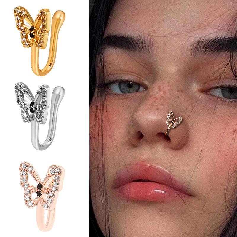 18K gold U-shaped nose ornament with butterfly inlaid gemstones, exquisite and noble design
