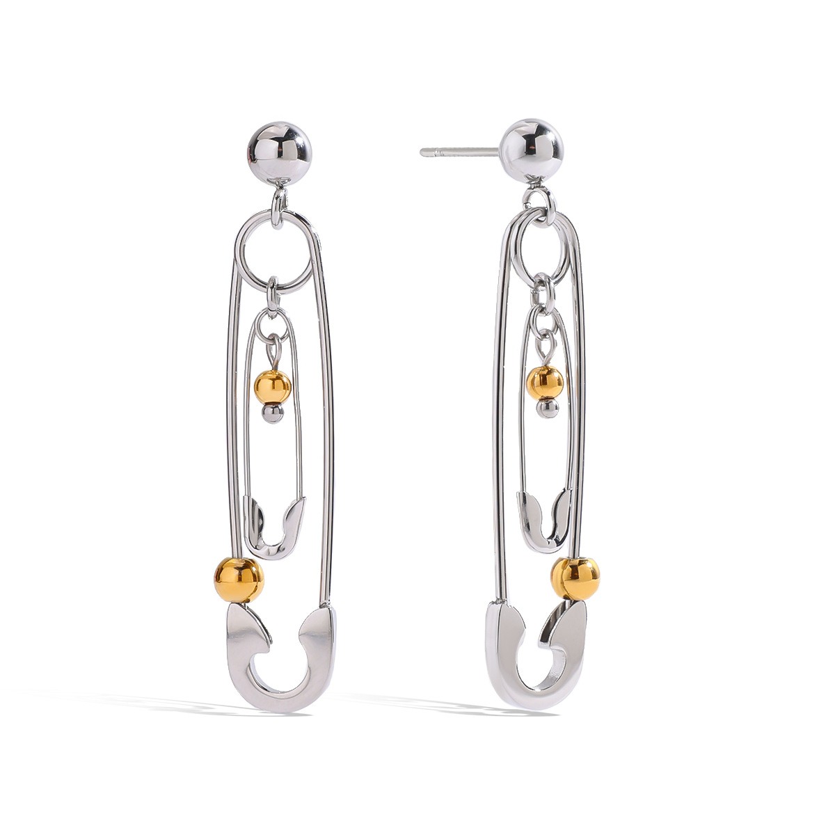 18K gold pin-shaped earrings with round beads, unique and personalized design - Image 4