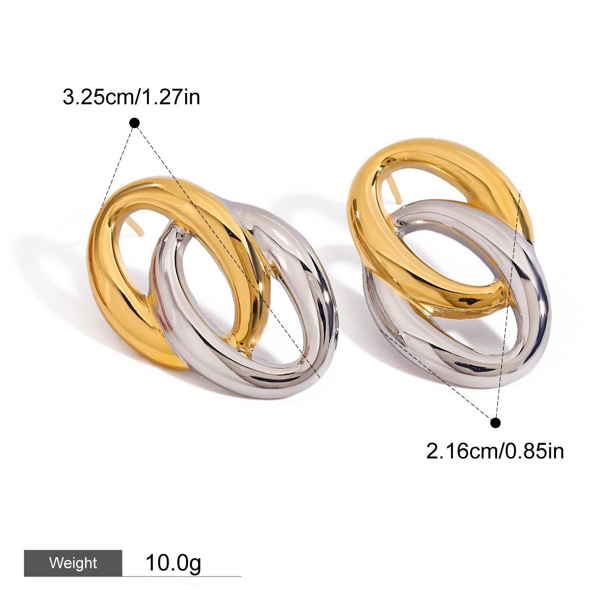 18K gold hollow oval earrings with gold and silver color matching design, simple and elegant - Image 4