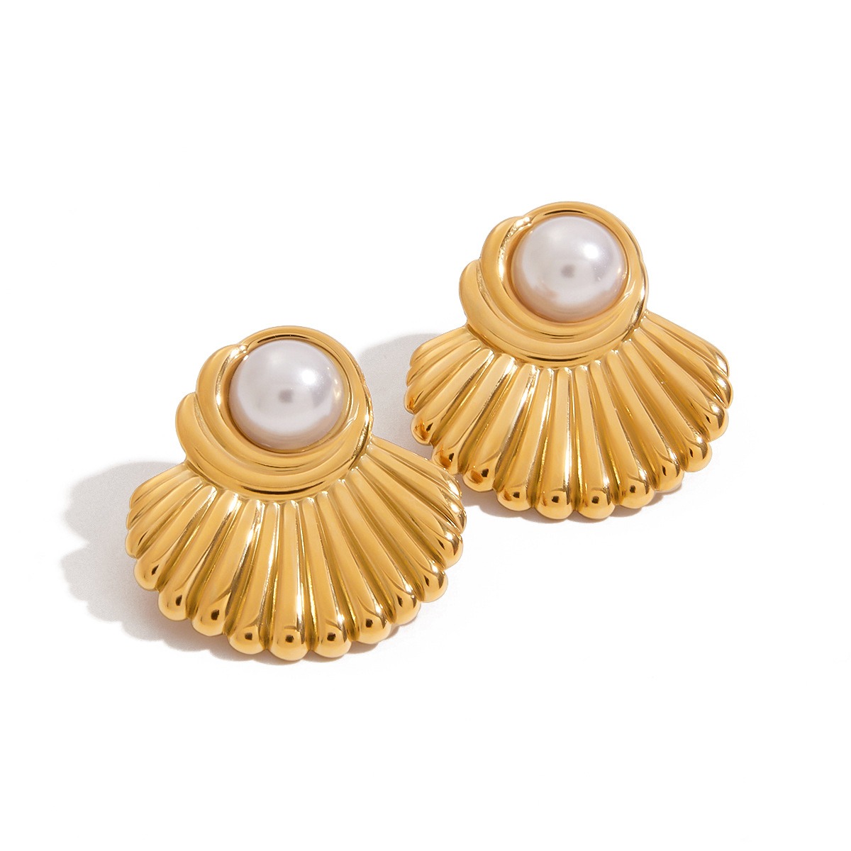 18K gold geometric inlaid pearls exquisite design noble earrings - Image 3