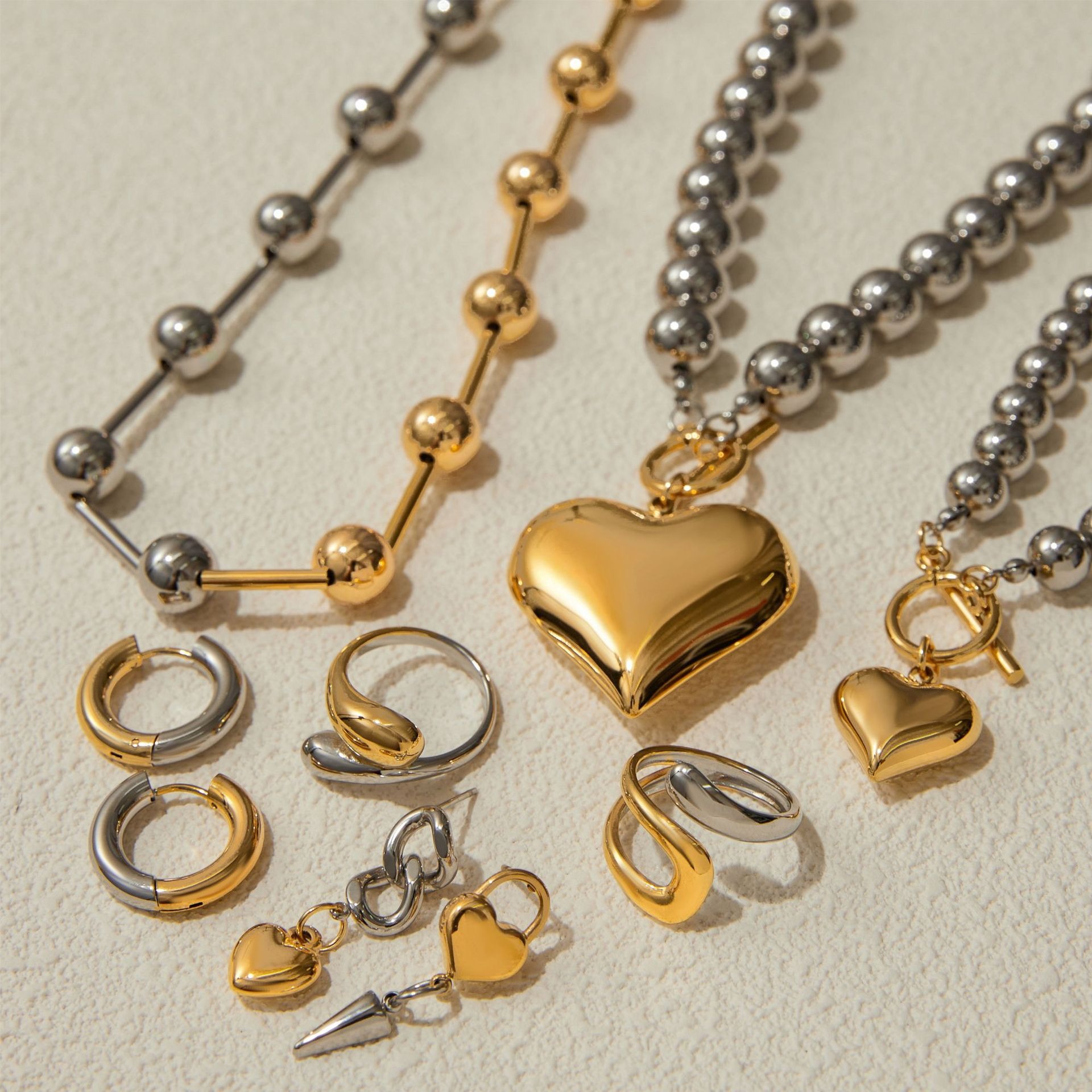 18K gold heart shape with gold and silver color matching design trendy personality necklace bracelet ring earrings set - Image 5