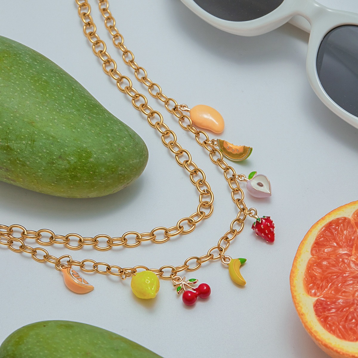 18K gold thick chain with fruit-shaped pendant design trendy and unique necklace, bracelet and earrings set - Image 2