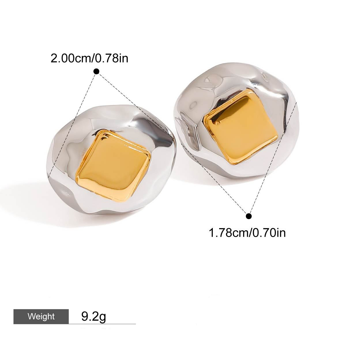 18K gold geometric inlay with gold and silver color matching design unique personality earrings - Image 3