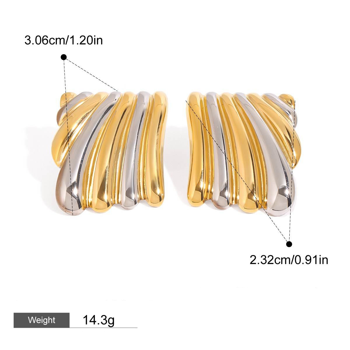 18K gold geometric shape with gold and silver color matching design classic personality earrings - Image 4