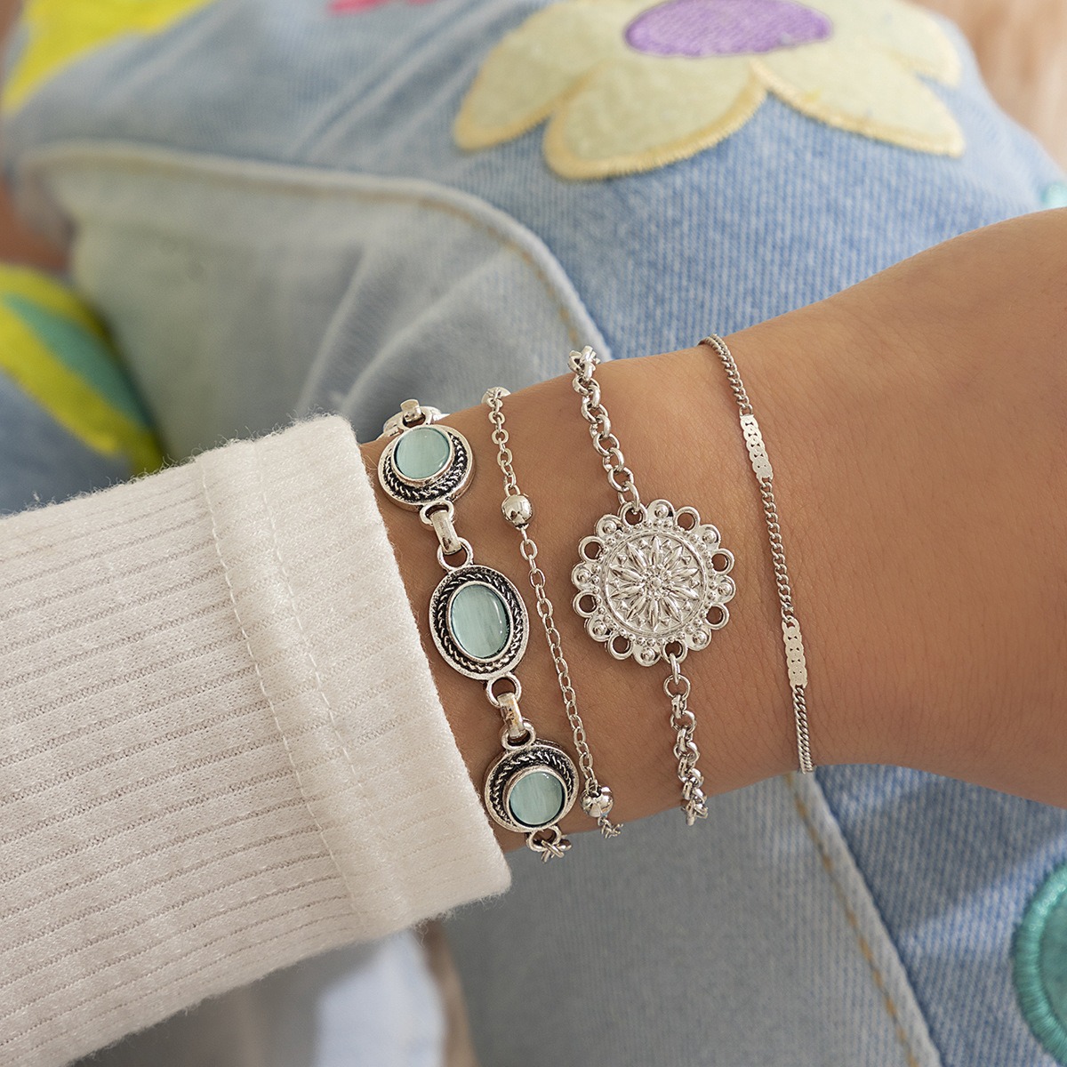 Ethnic style flower disc cat's eye gold retro bracelet - Image 2