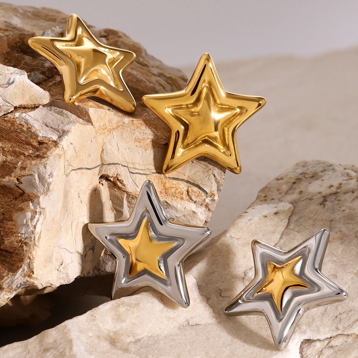 18K gold trendy personality five-pointed star with concave and convex design earrings