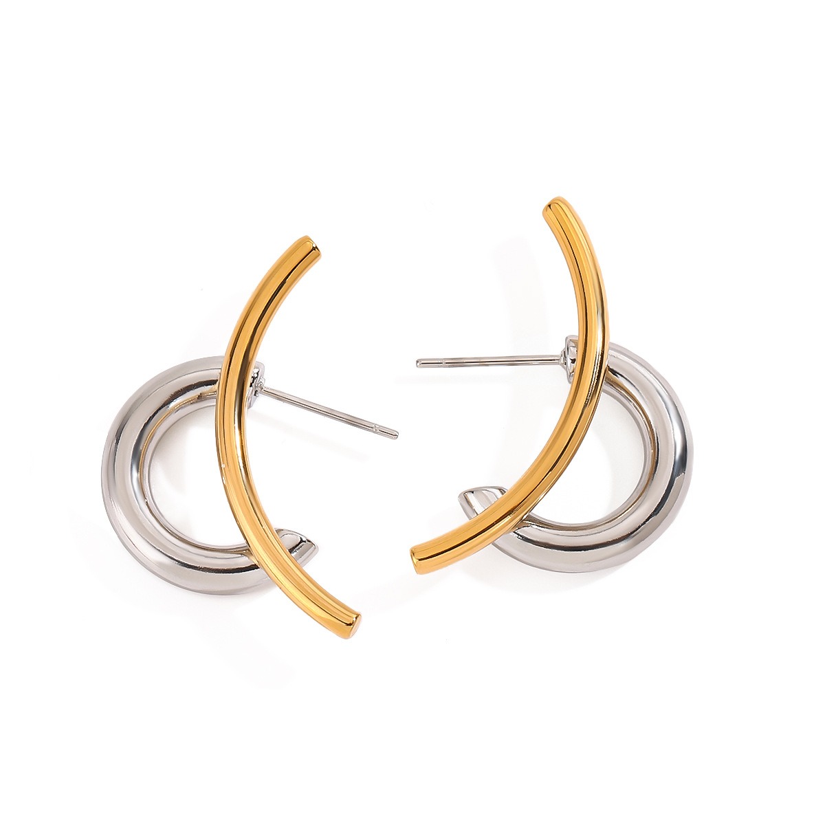 18K gold double C-shaped earrings with gold and silver color matching design, trendy and personalized - Image 4
