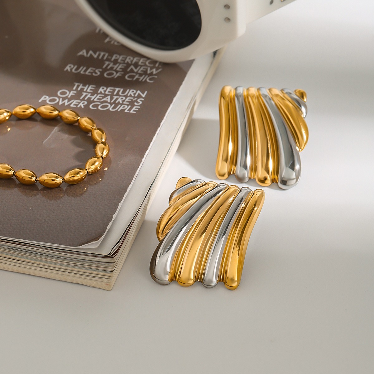 18K gold geometric shape with gold and silver color matching design classic personality earrings - Image 5