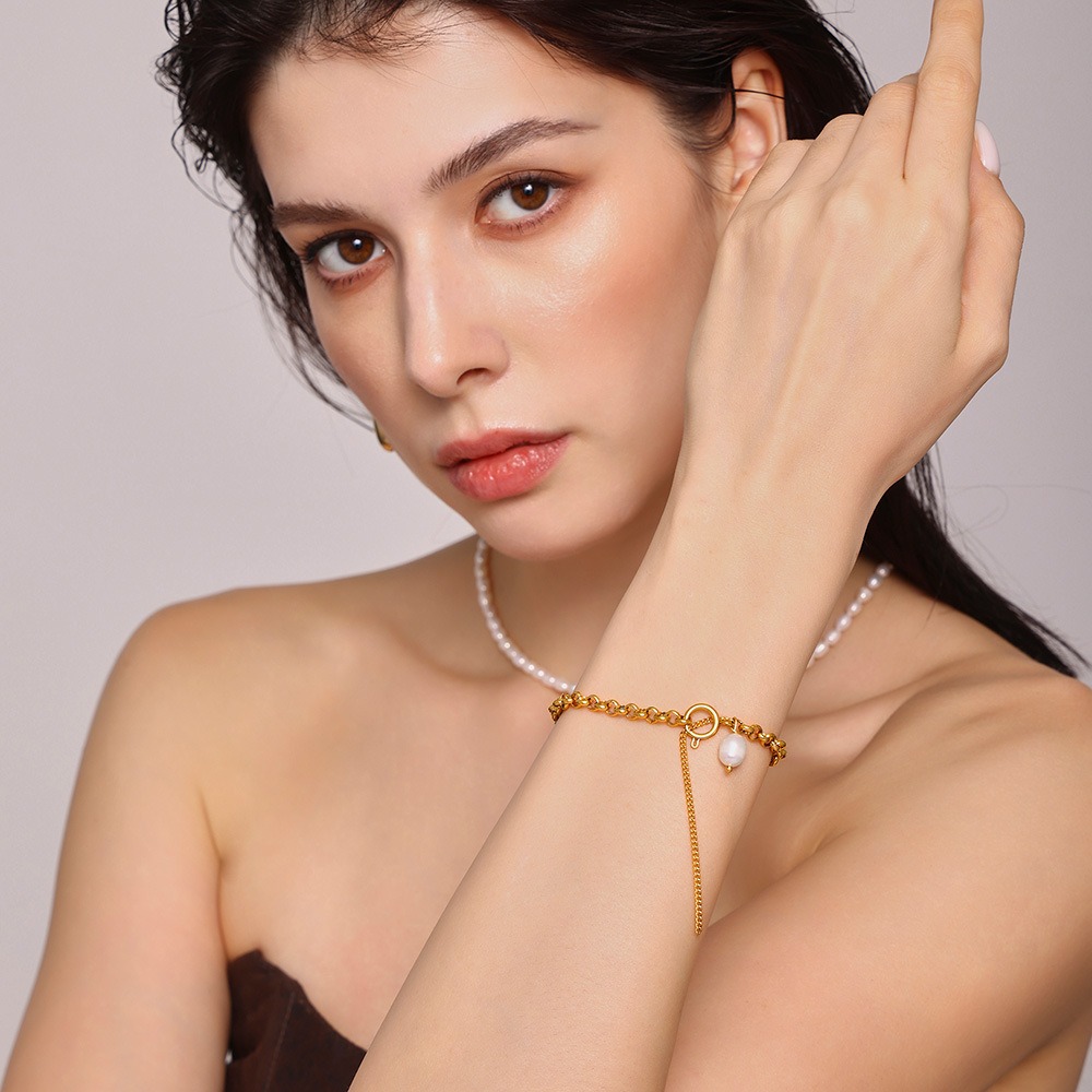 18K gold thick chain with pearl design high-end bracelet - Image 2