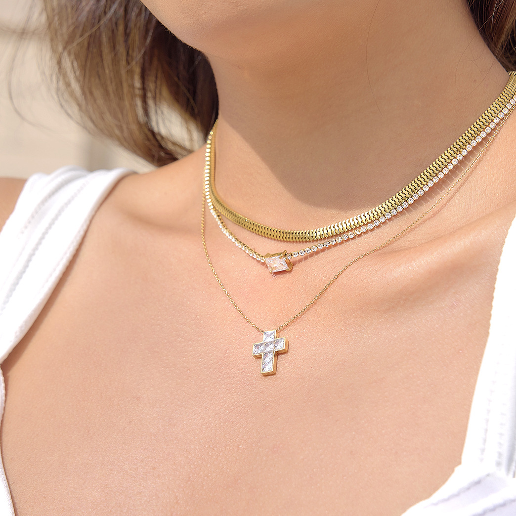 Stainless Steel Zircon Cross Necklace