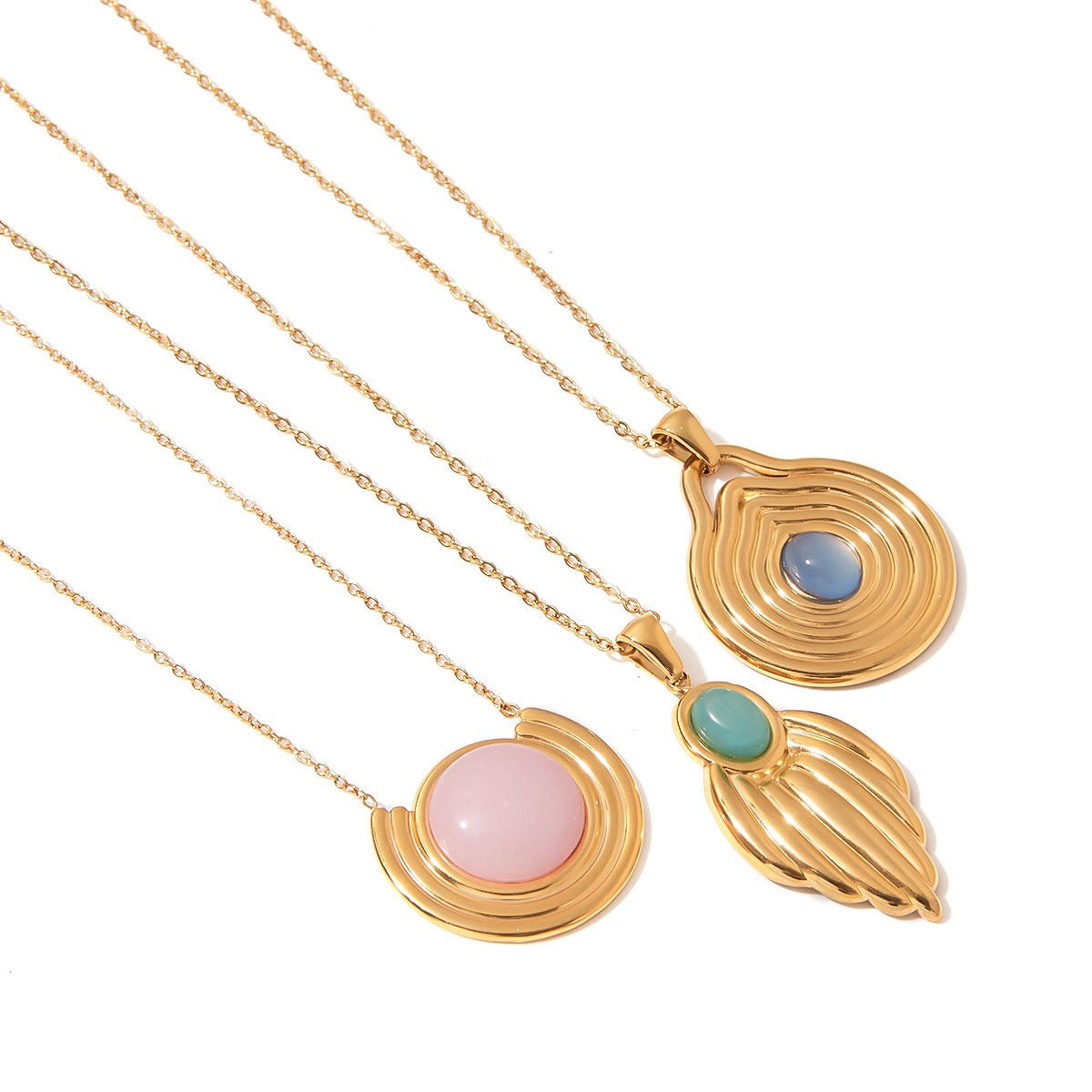 18K gold geometric inlaid gemstone with texture design classic fashion necklace - Image 6