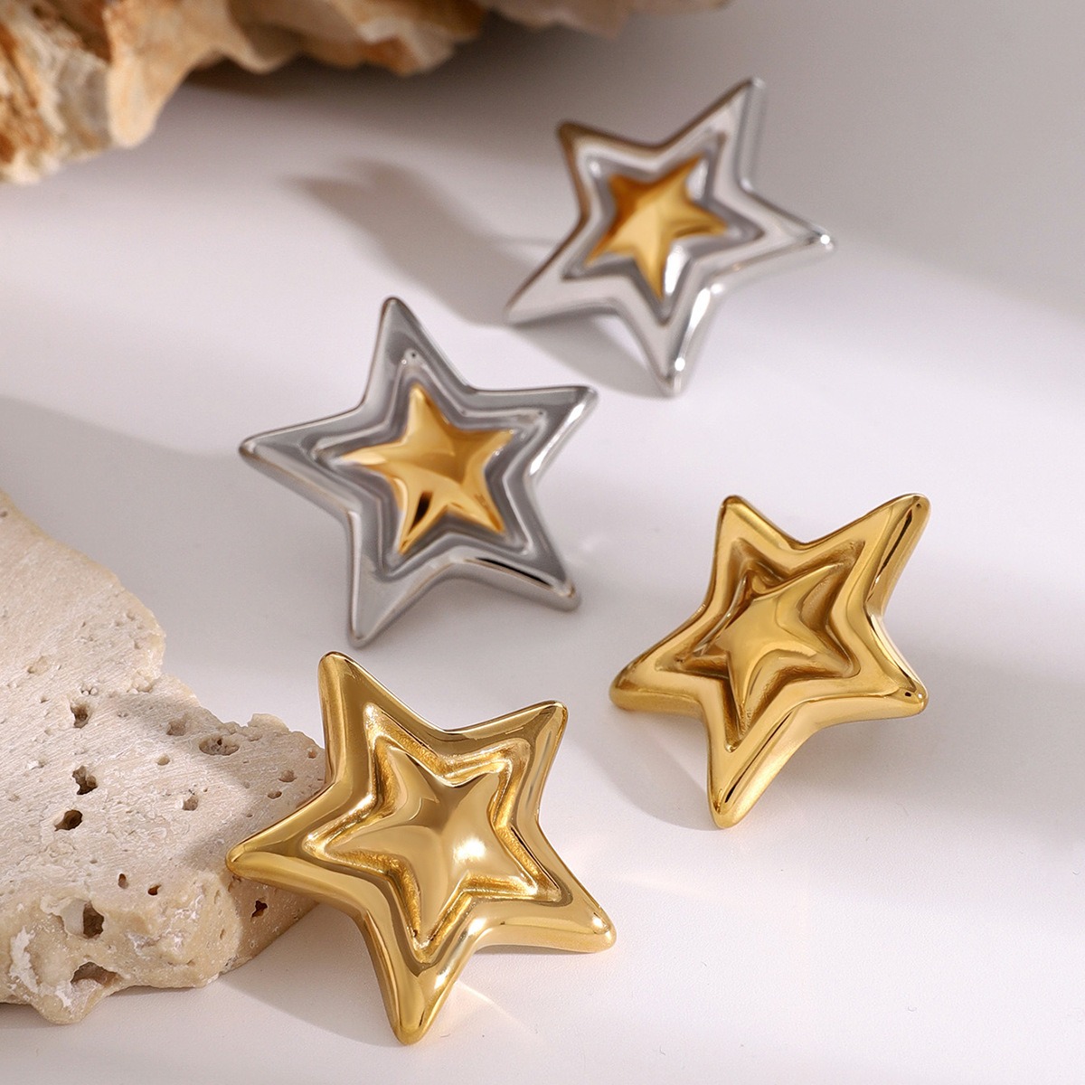 18K gold trendy personality five-pointed star with concave and convex design earrings - Image 6
