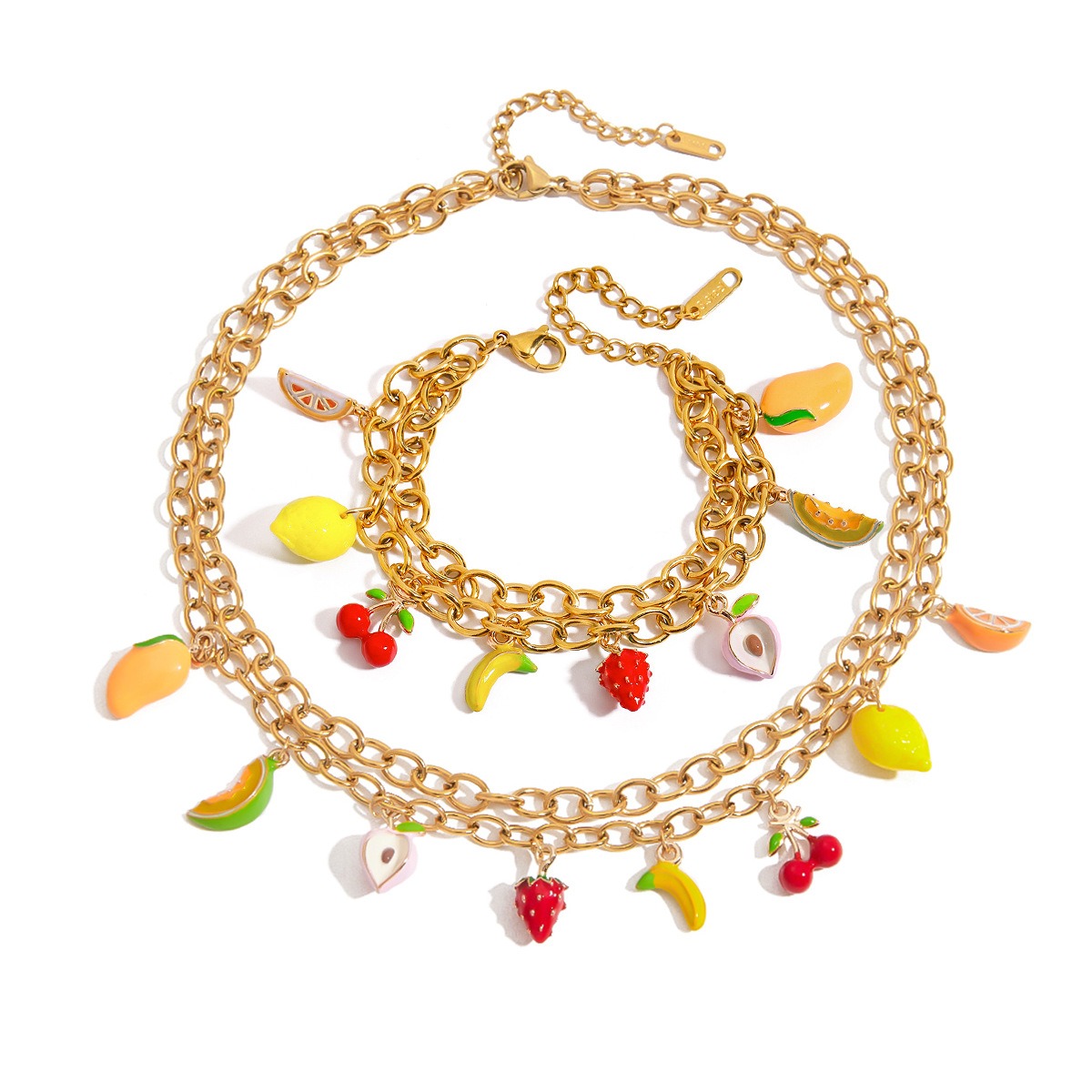 18K gold thick chain with fruit-shaped pendant design trendy and unique necklace, bracelet and earrings set - Image 3