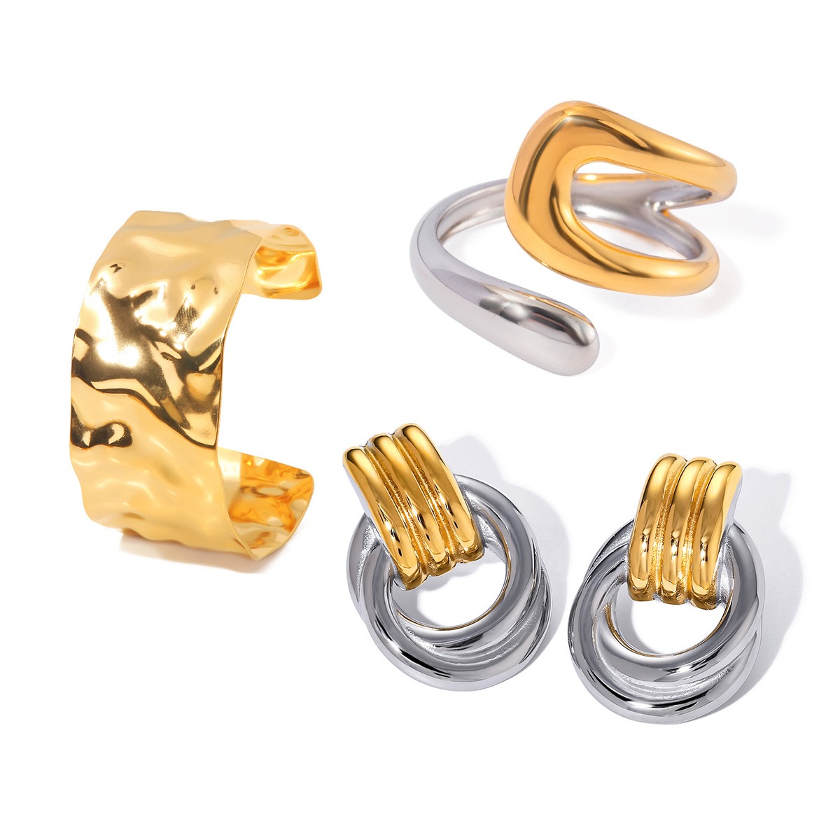 18K gold geometric shape with gold and silver color matching design high-end earrings, bracelets and rings set - Image 4