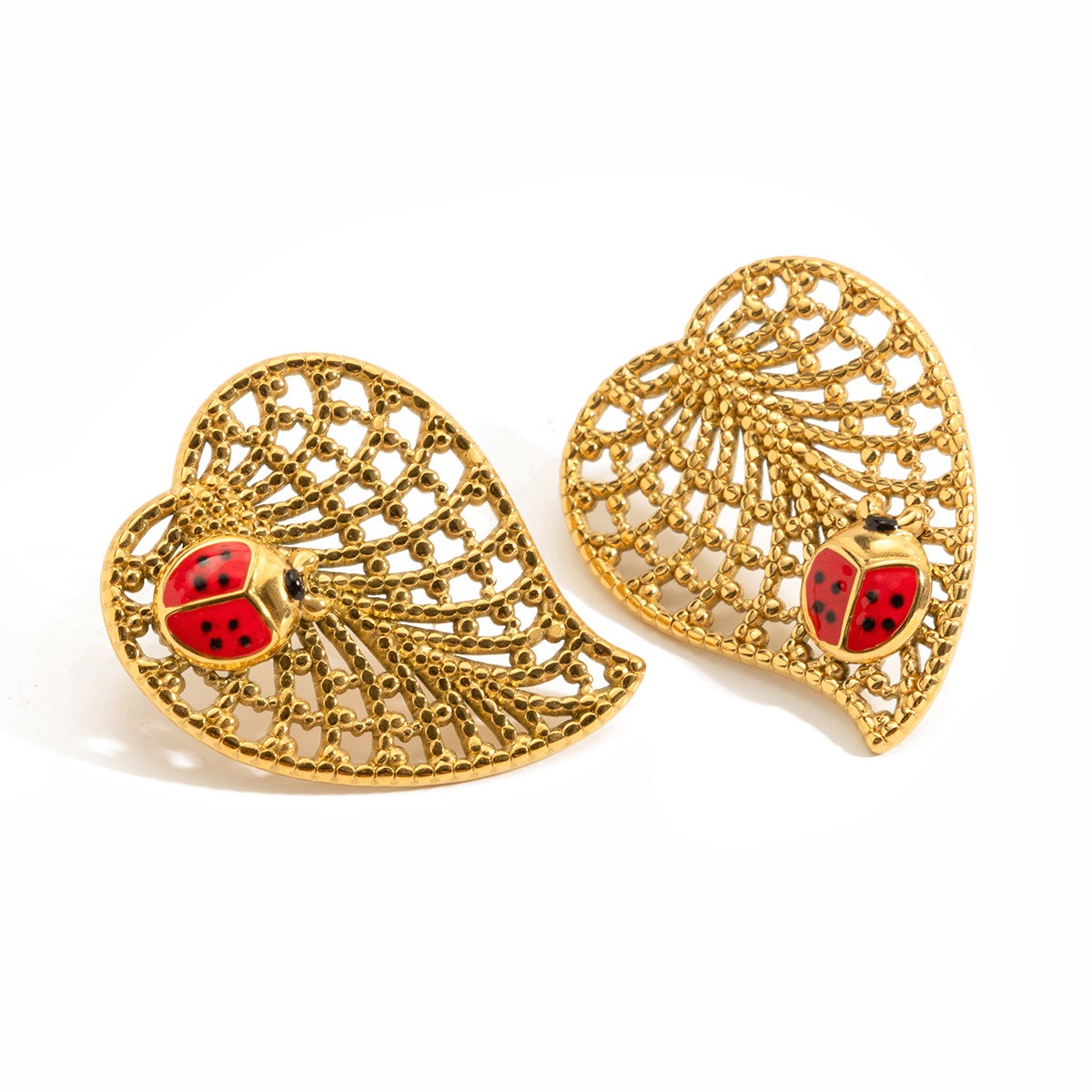 18K gold classic ladybug and leaf earrings