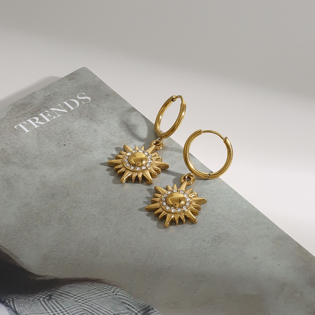 18k gold sun-shaped diamond-studded earrings with unique design - Image 5