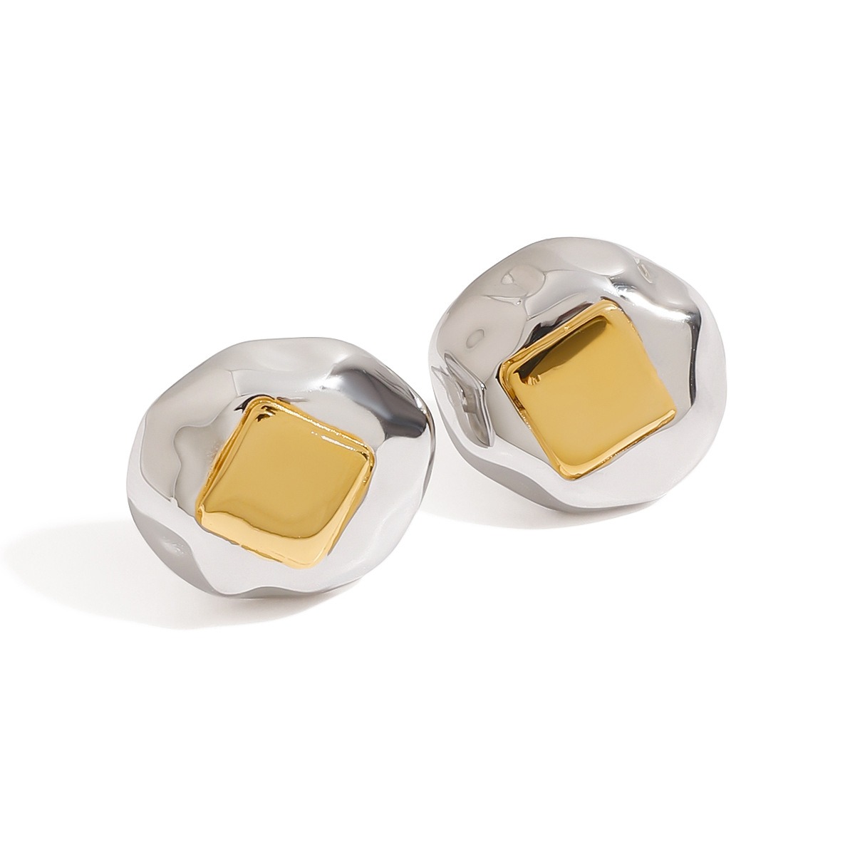18K gold geometric inlay with gold and silver color matching design unique personality earrings - Image 6