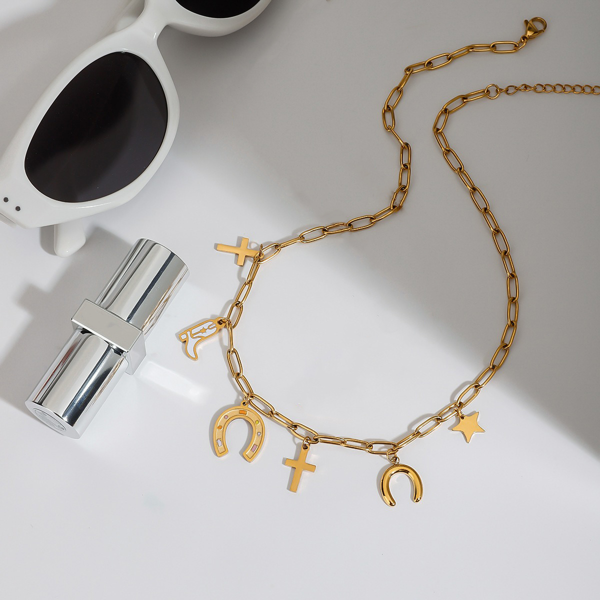 18K Gold Cross and Star Design Beautiful Fashion Necklace