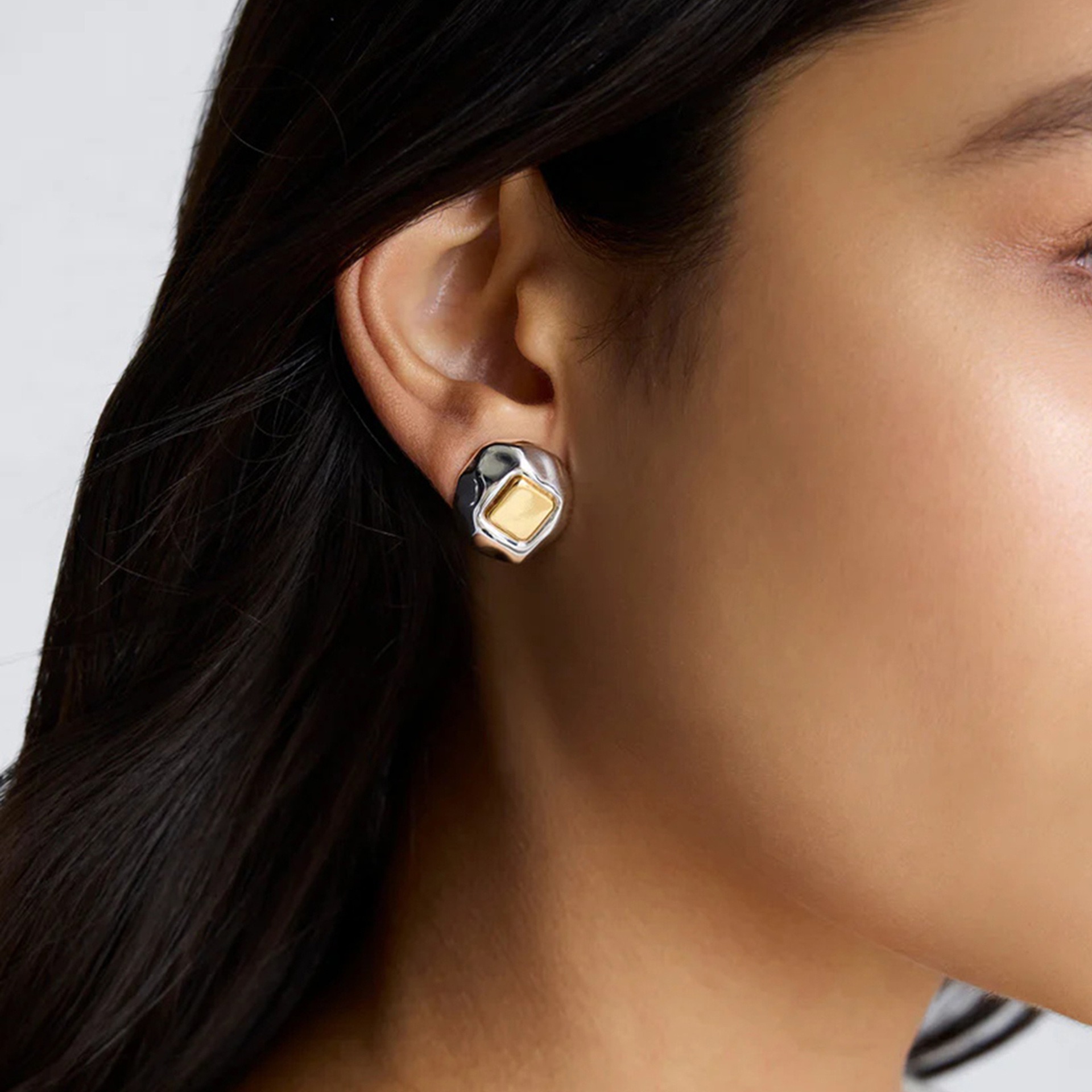 18K gold geometric inlay with gold and silver color matching design unique personality earrings - Image 7