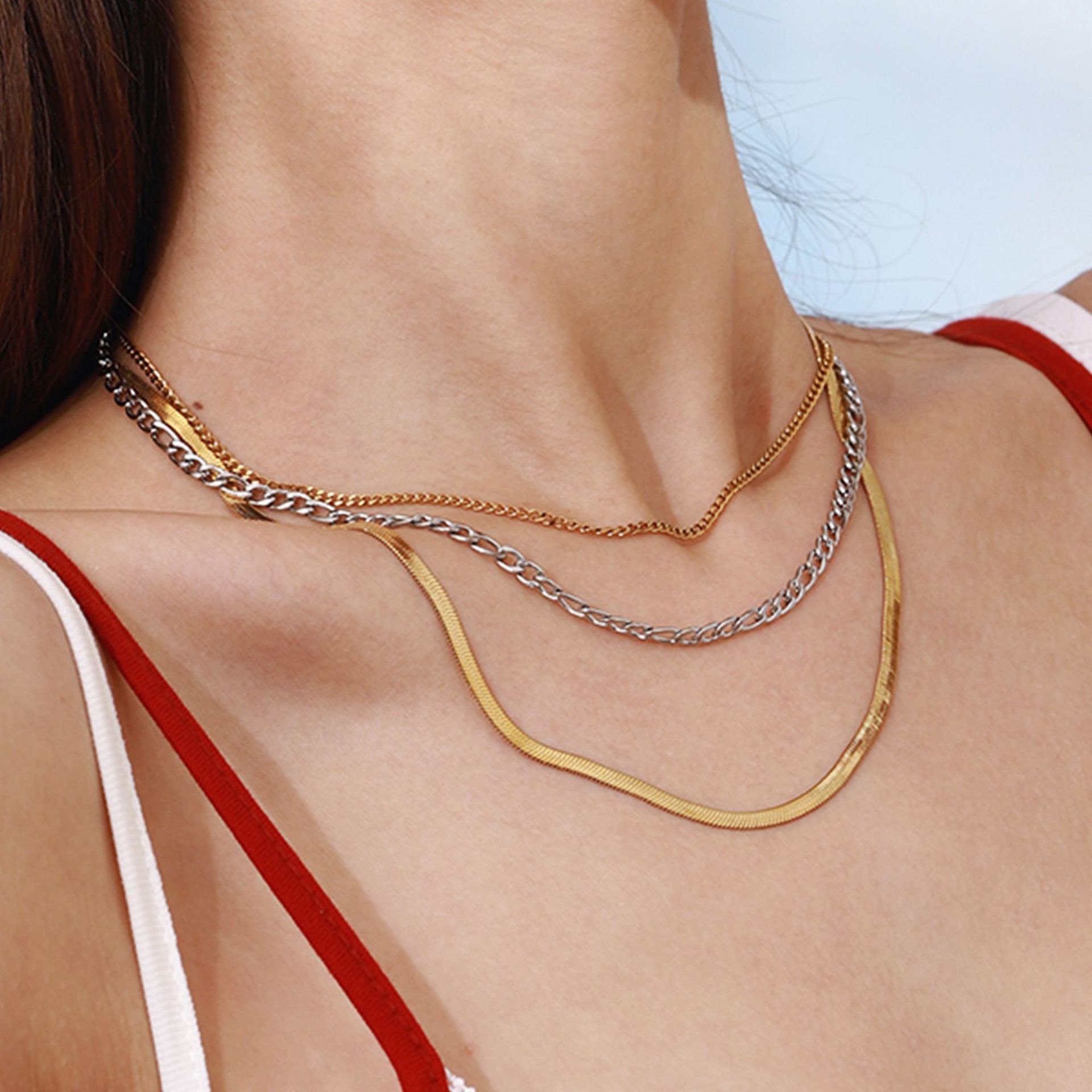 18K gold multi-layer chain with gold and silver color matching design simple personality necklace - Image 5