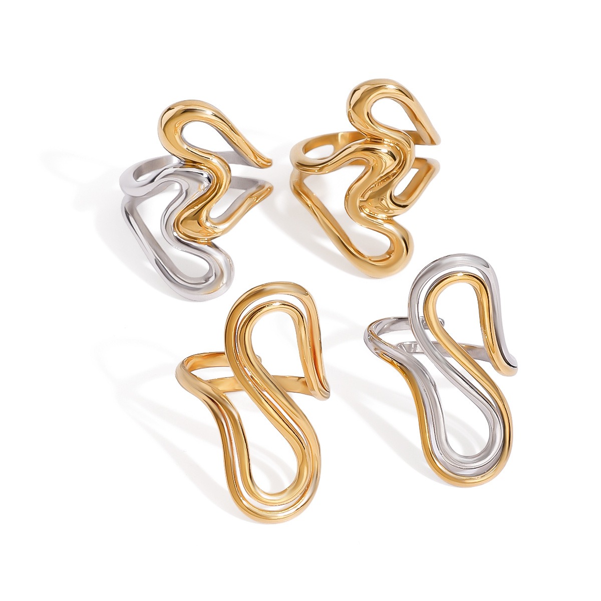 18K gold irregular lines with gold and silver color matching design unique personality ring - Image 8