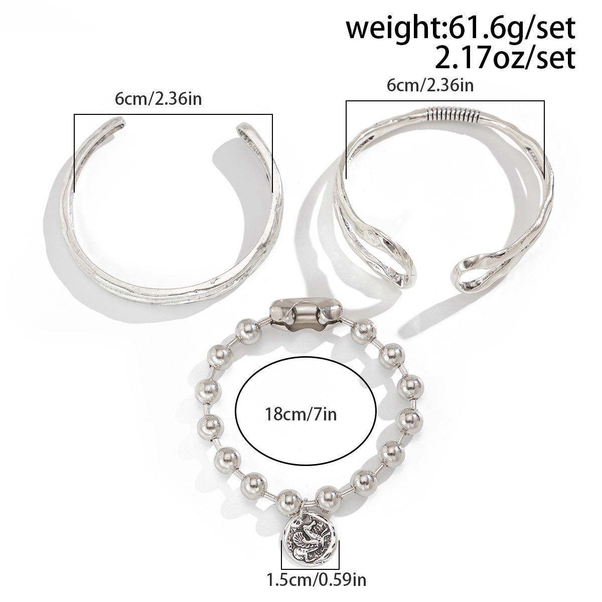 Double Ring Hollow Spring Open Bracelet Punk Style Round Bead Pendant Stacking Bracelet - Image 6